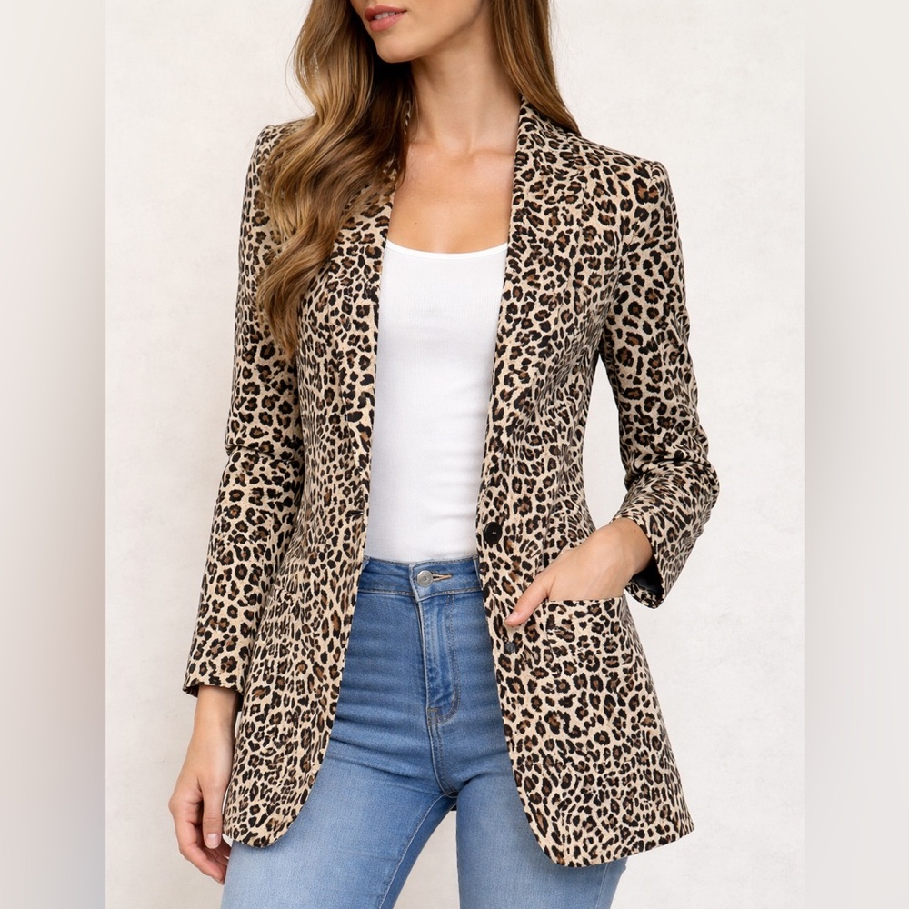 🐆Susan Graver Cheetah Print Single-Button Blazer - Beige & Black Size XS - NWOT